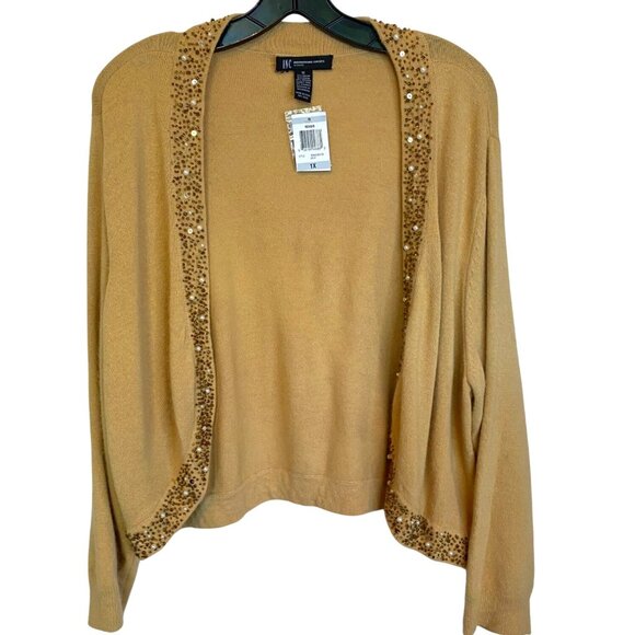 INC NWT Womens Gold Beaded Open Cardigan Sweater 1X Quiet Luxury Glam Party Y2K - Picture 1 of 11